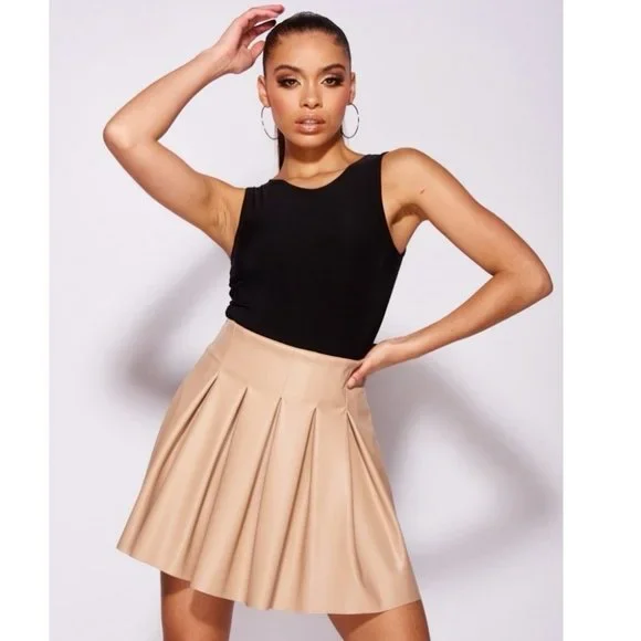 Nude Faux Leather Vegan Leather High Waist Pleated Mini Skater Skirt - Picture 14 of 15